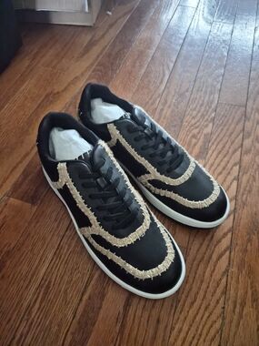 Womens Black Sneakers with Tan Fringe Trim